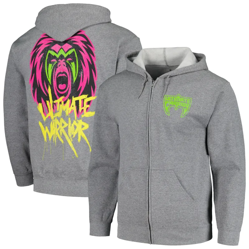 Men's Ripple Junction Heather Gray The Ultimate Warrior Mask Fleece Full-Zip Hoodie sold by WWE