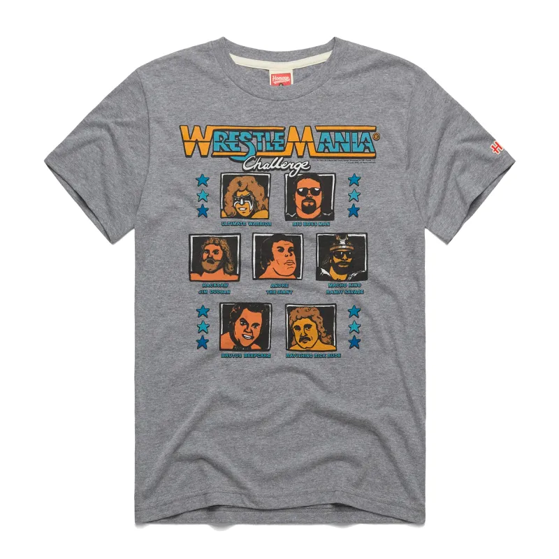 Men's Homage Heather Gray WrestleMania Challenge Retro Logo T-Shirt sold by WWE