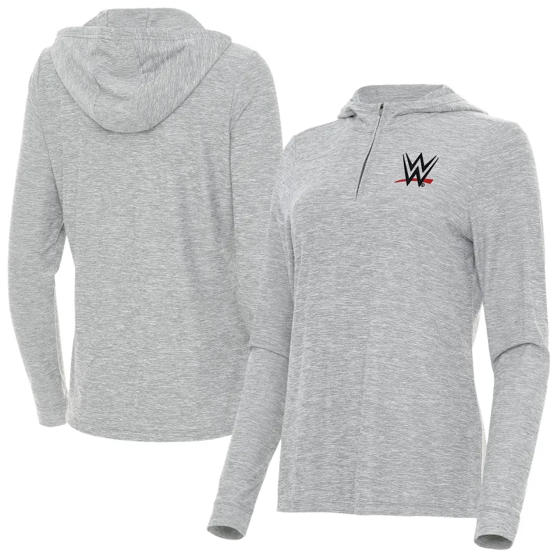 Women's Antigua Heather Gray WWE Daybreak Quarter-Zip Hoodie sold by WWE