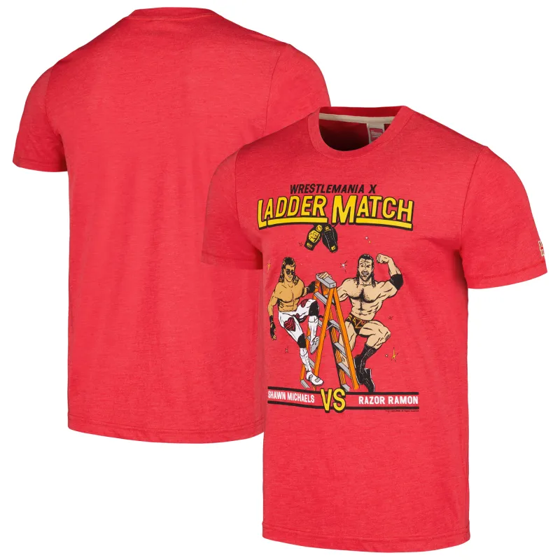 Men's Homage Heather Red WrestleMania X Shawn Michaels vs. Razor Ramon Tri-Blend T-Shirt sold by WWE