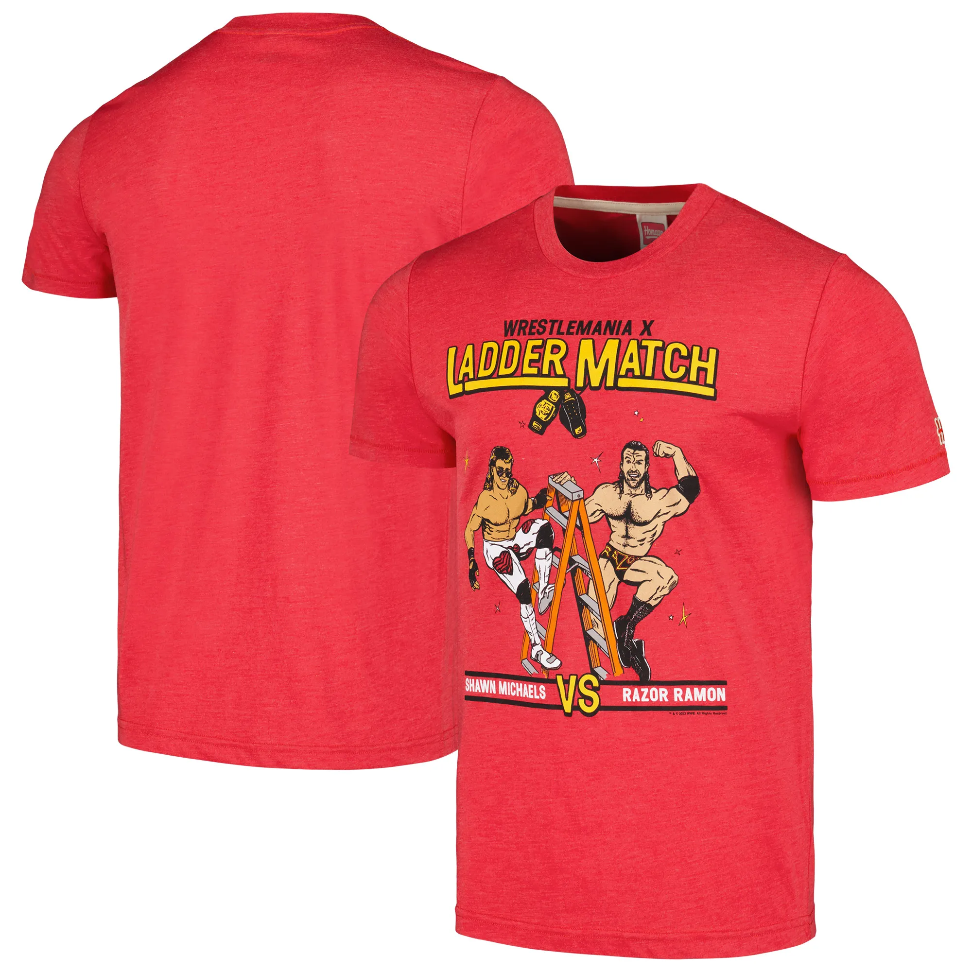 Men's Homage Heather Red WrestleMania X Shawn Michaels vs. Razor Ramon Tri-Blend T-Shirt sold by WWE