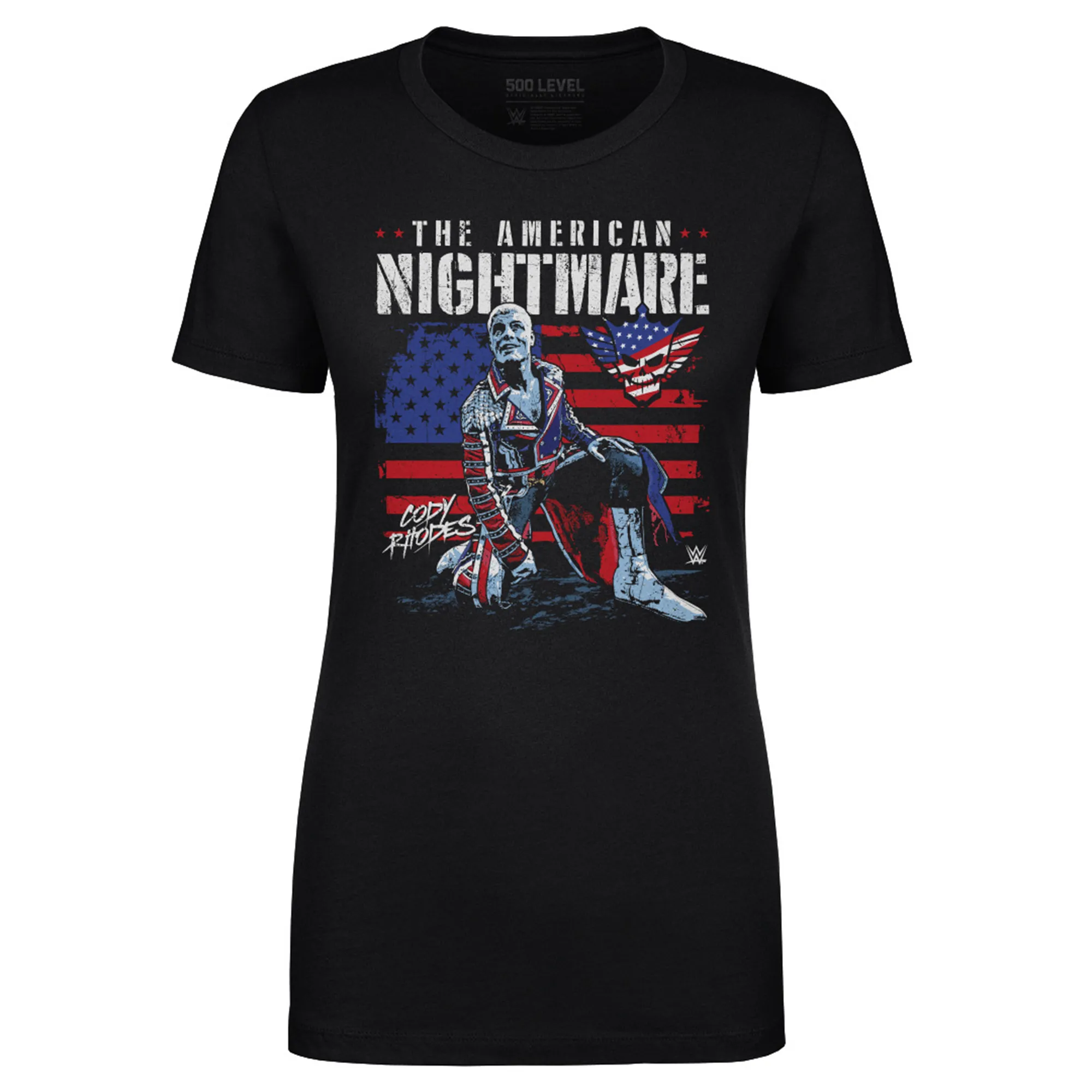 Women's 500 Level Black Cody Rhodes American Flag T-Shirt sold by WWE