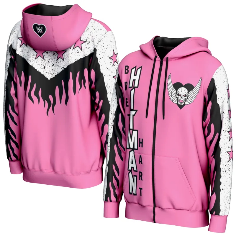 Men's ProSphere Pink Bret Hart Hitman Flames Full-Zip Hoodie sold by WWE