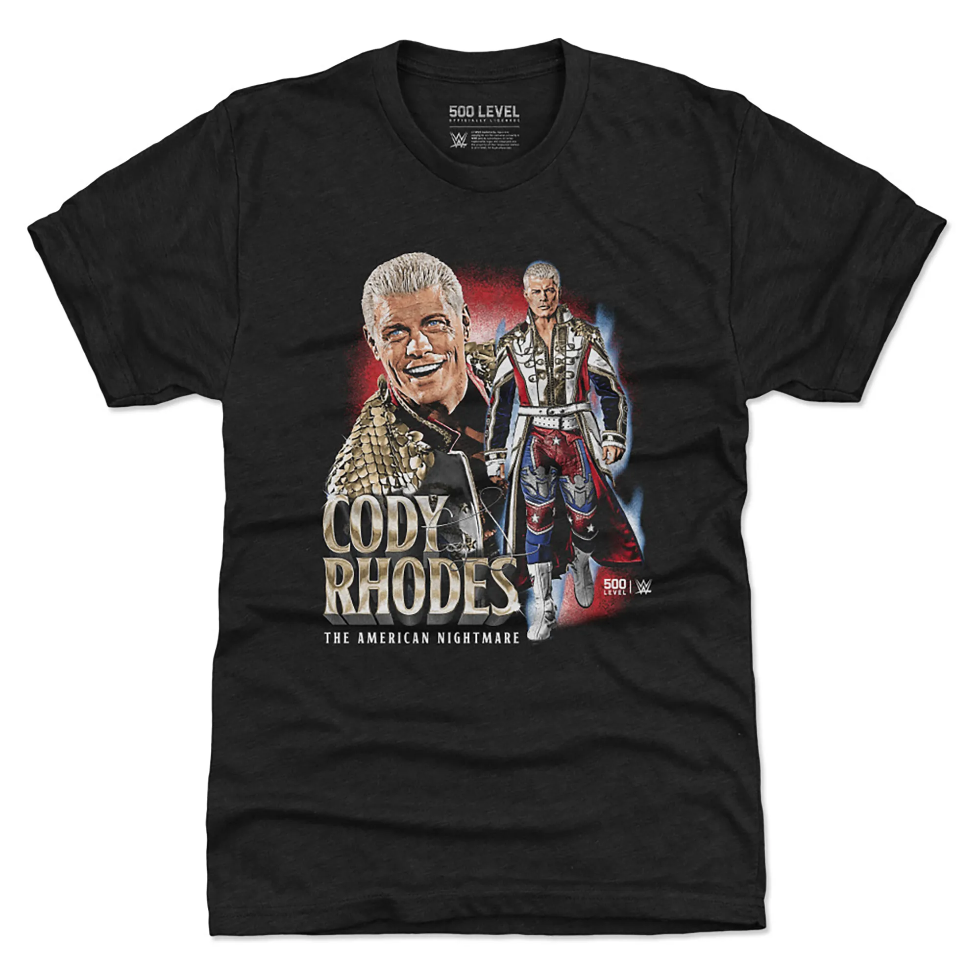 Men's 500 Level Heather Black Cody Rhodes American Nightmare Vintage Tri-Blend T-Shirt sold by WWE