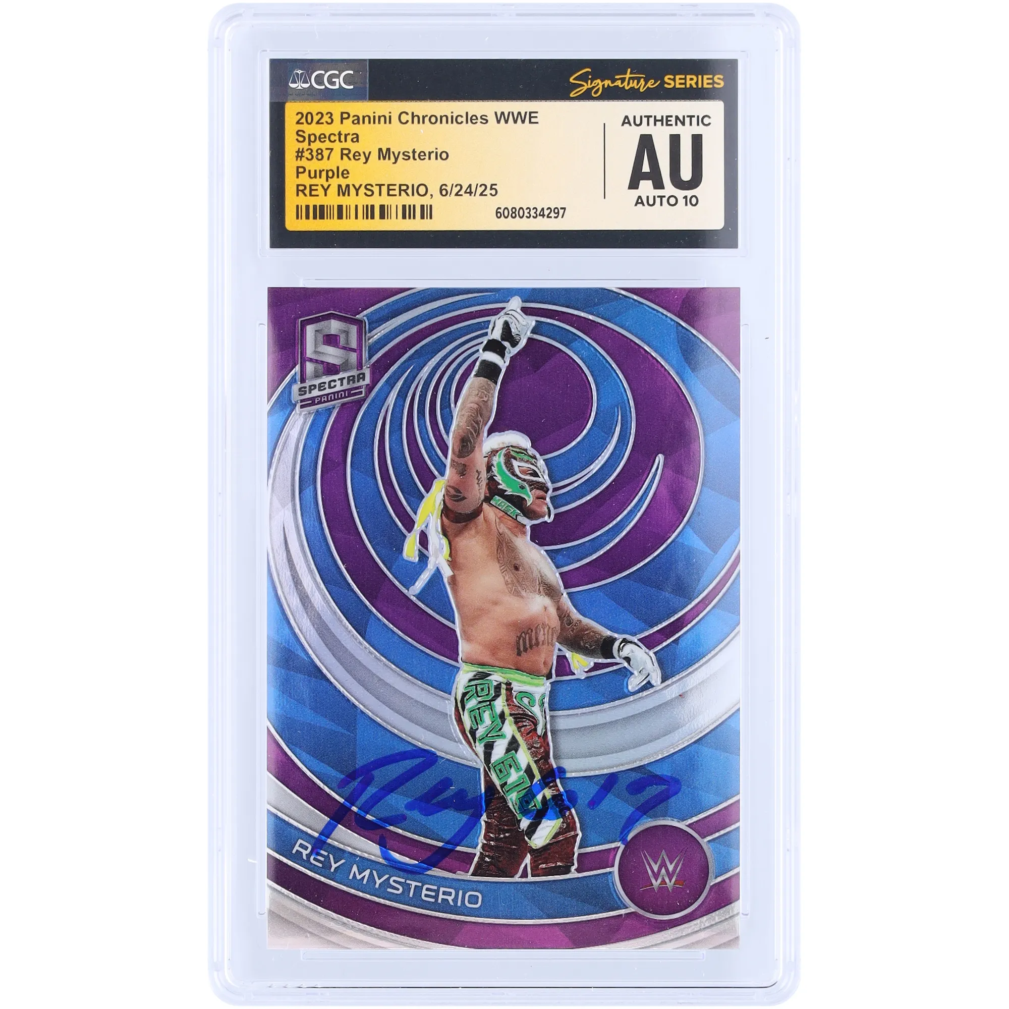 Rey Mysterio WWE Autographed 2023 Panini Chronicles Spectra Purple Prizm #387 #/49 CGC Fanatics Witnessed Authenticated 10 Card sold by WWE