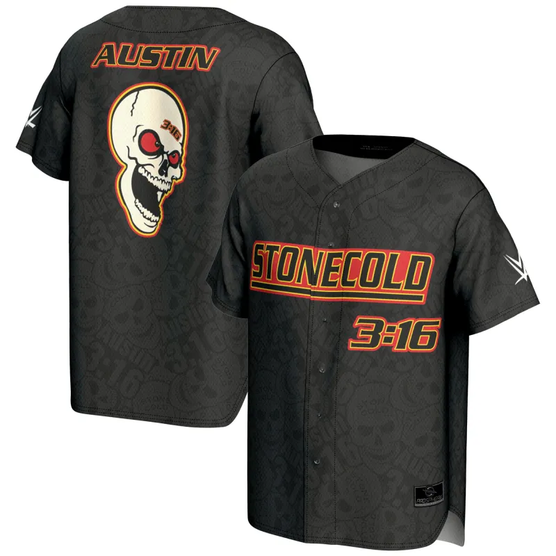 Men's ProSphere Black "Stone Cold" Steve Austin 3:16 Skull Fashion Baseball Jersey sold by WWE