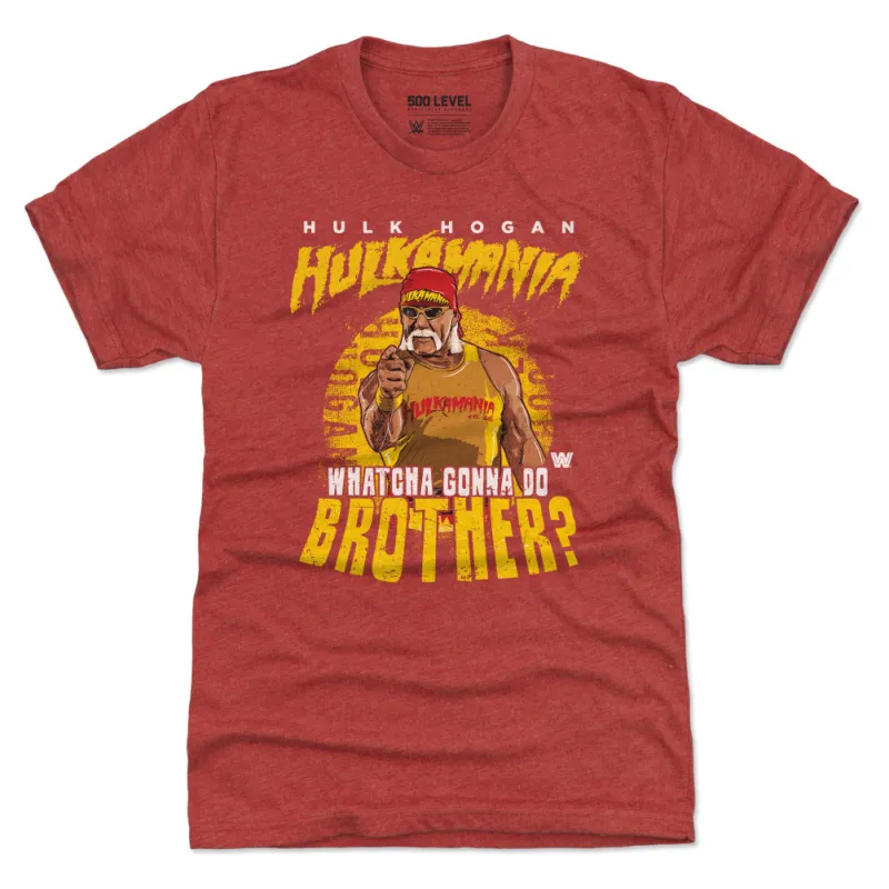 Men's 500 Level Heather Red Hulk Hogan Whatcha Gonna Do Brother? Tri-Blend T-Shirt sold by WWE