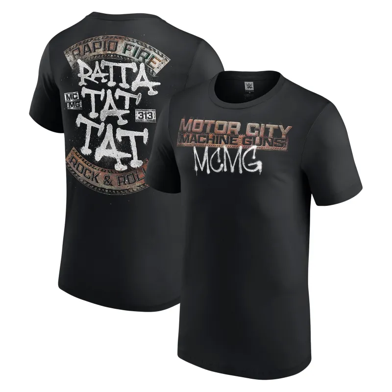 Men's Black Motor City Machine Guns Rapid Fire Rock N' Roll T-Shirt sold by WWE