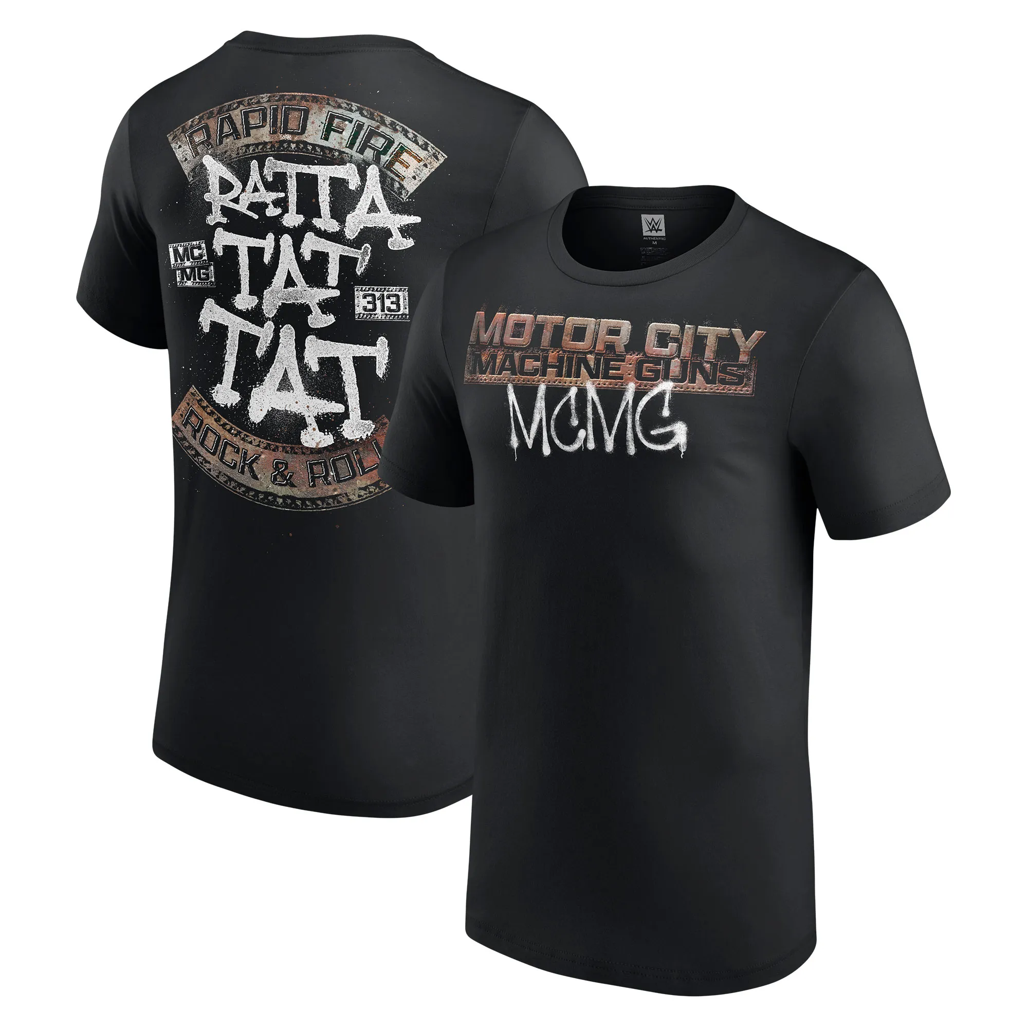 Men's Black Motor City Machine Guns Rapid Fire Rock N' Roll T-Shirt sold by WWE