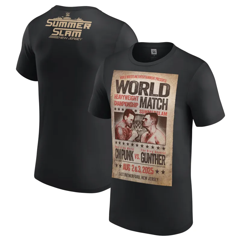 Men's Black SummerSlam 2025 CM Punk vs. Gunther Match T-Shirt sold by WWE