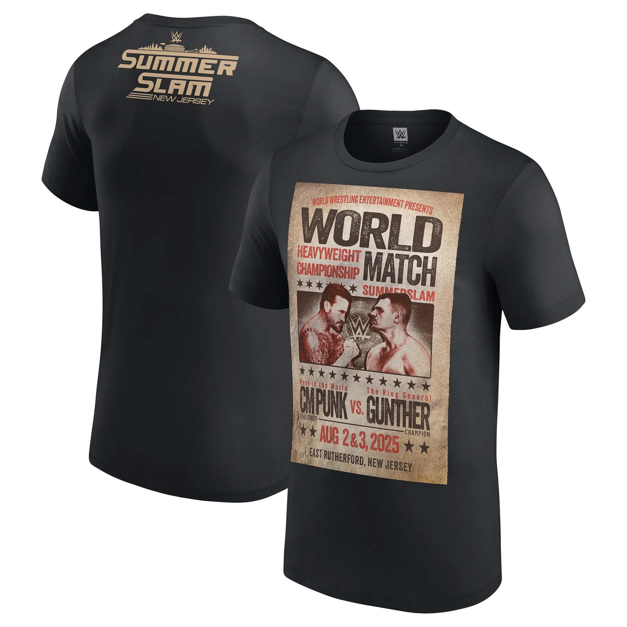Men's Black SummerSlam 2025 CM Punk vs. Gunther Match T-Shirt sold by WWE