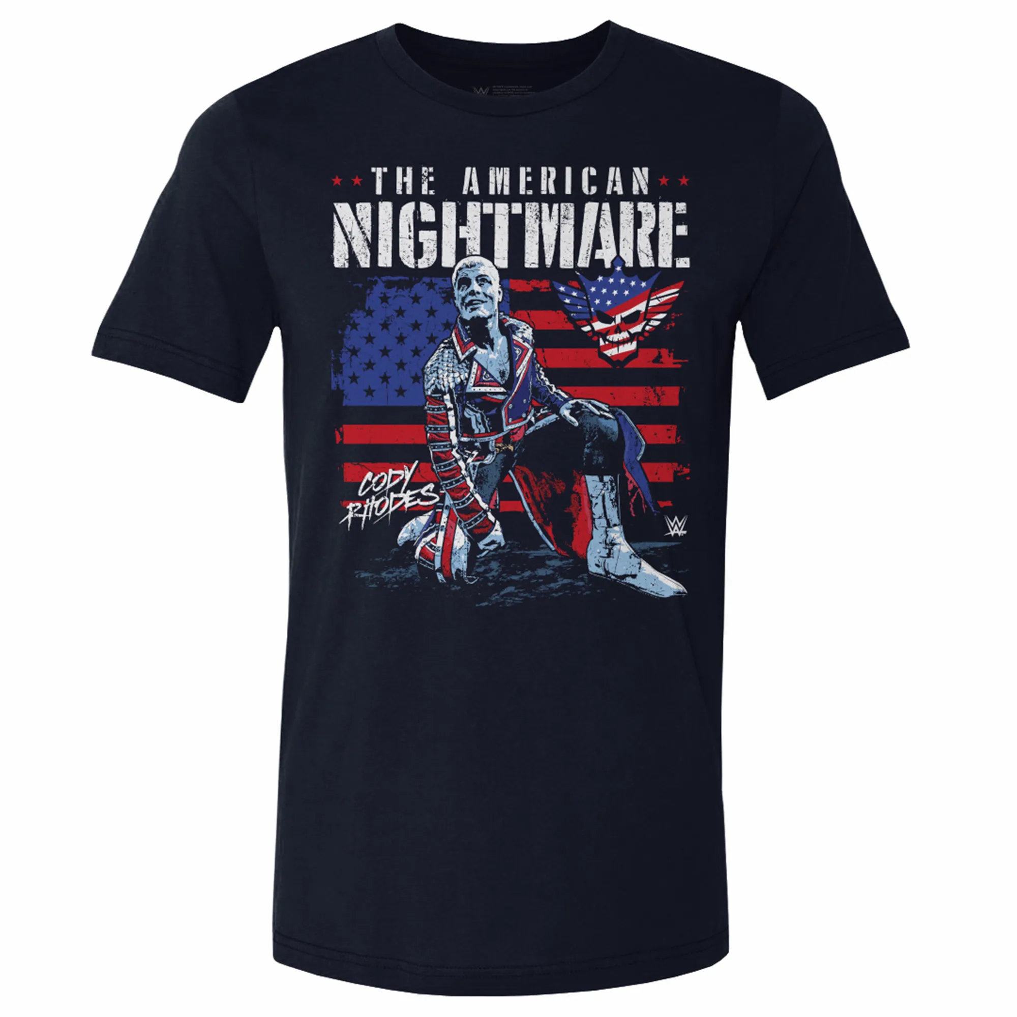 Men's 500 Level Navy Cody Rhodes American Flag T-Shirt sold by WWE