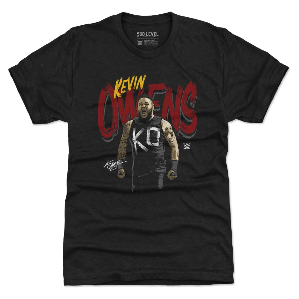 Men's 500 Level Heather Black Kevin Owens Grunge Name Tri-Blend T-Shirt sold by WWE