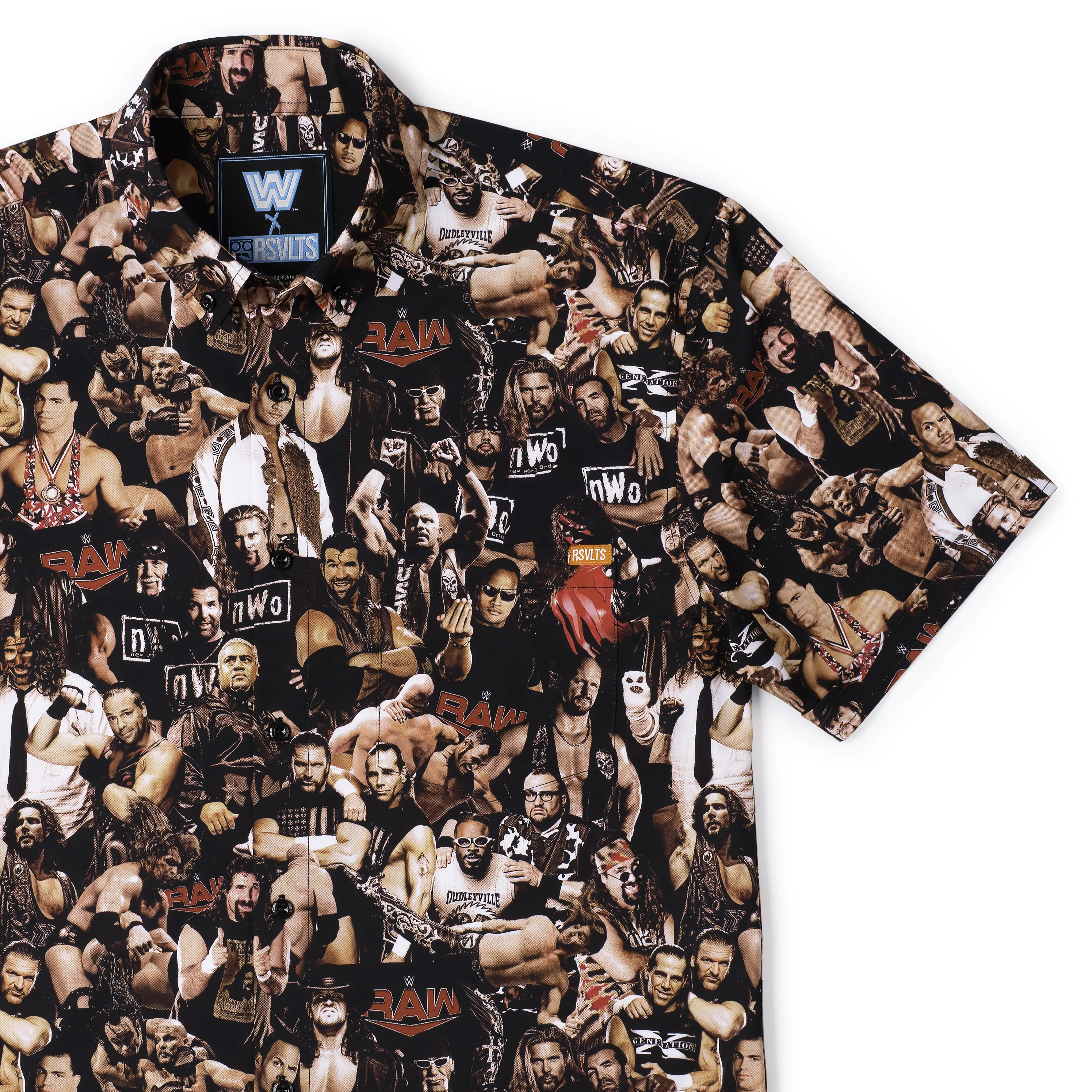 Men's RSVLTS Black WWE Attitude Era KUNUFLEX Button-Down Short Sleeve Shirt sold by WWE