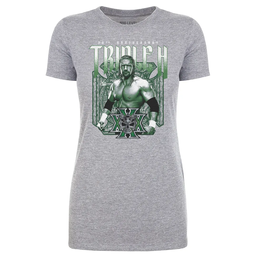 Women's 500 Level Heather Gray Triple H 30th Anniversary T-Shirt sold by WWE