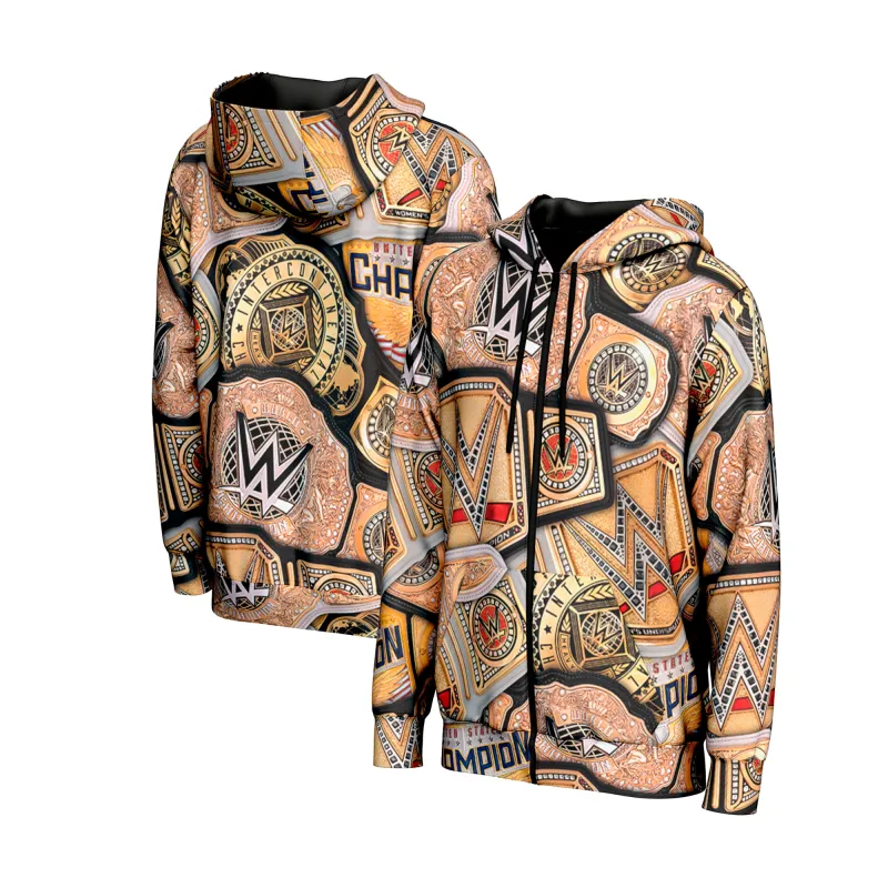 Men's ProSphere Gold WWE Title Belt Collage Full-Zip Hoodie sold by WWE