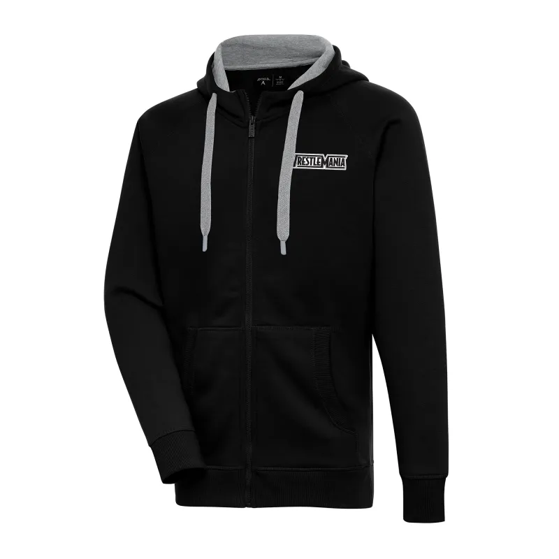 Men's Antigua Black WrestleMania Retro Logo Victory Full-Zip Hoodie sold by WWE