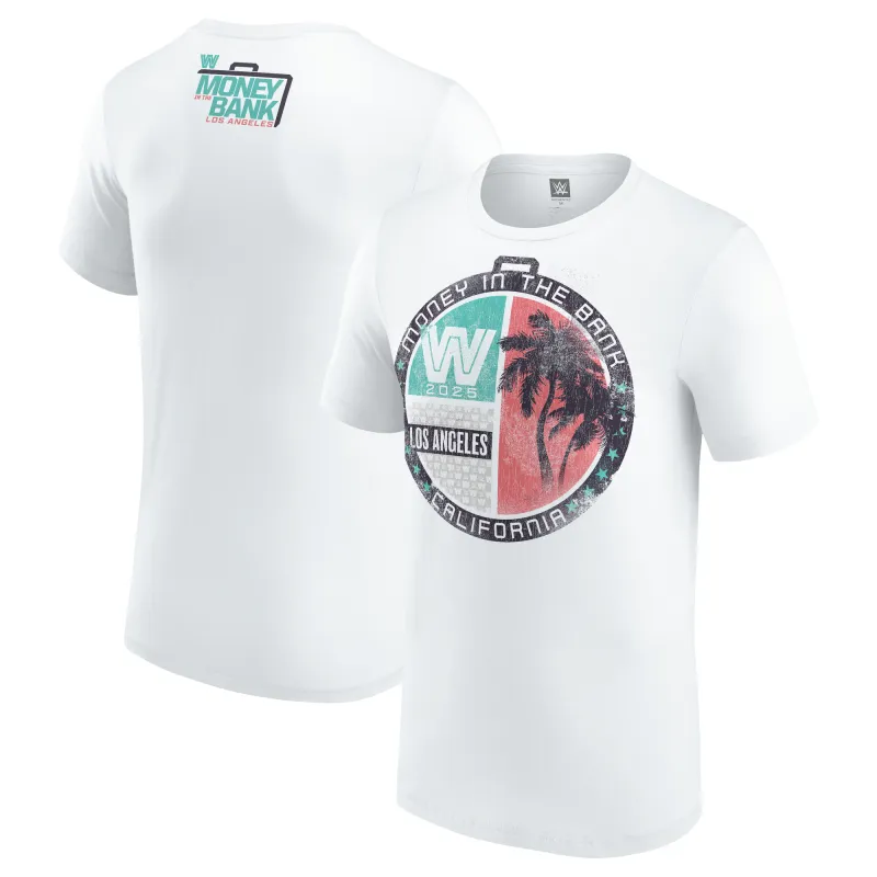 Men's White Money in the Bank 2025 LA Palm Tree T-Shirt sold by WWE
