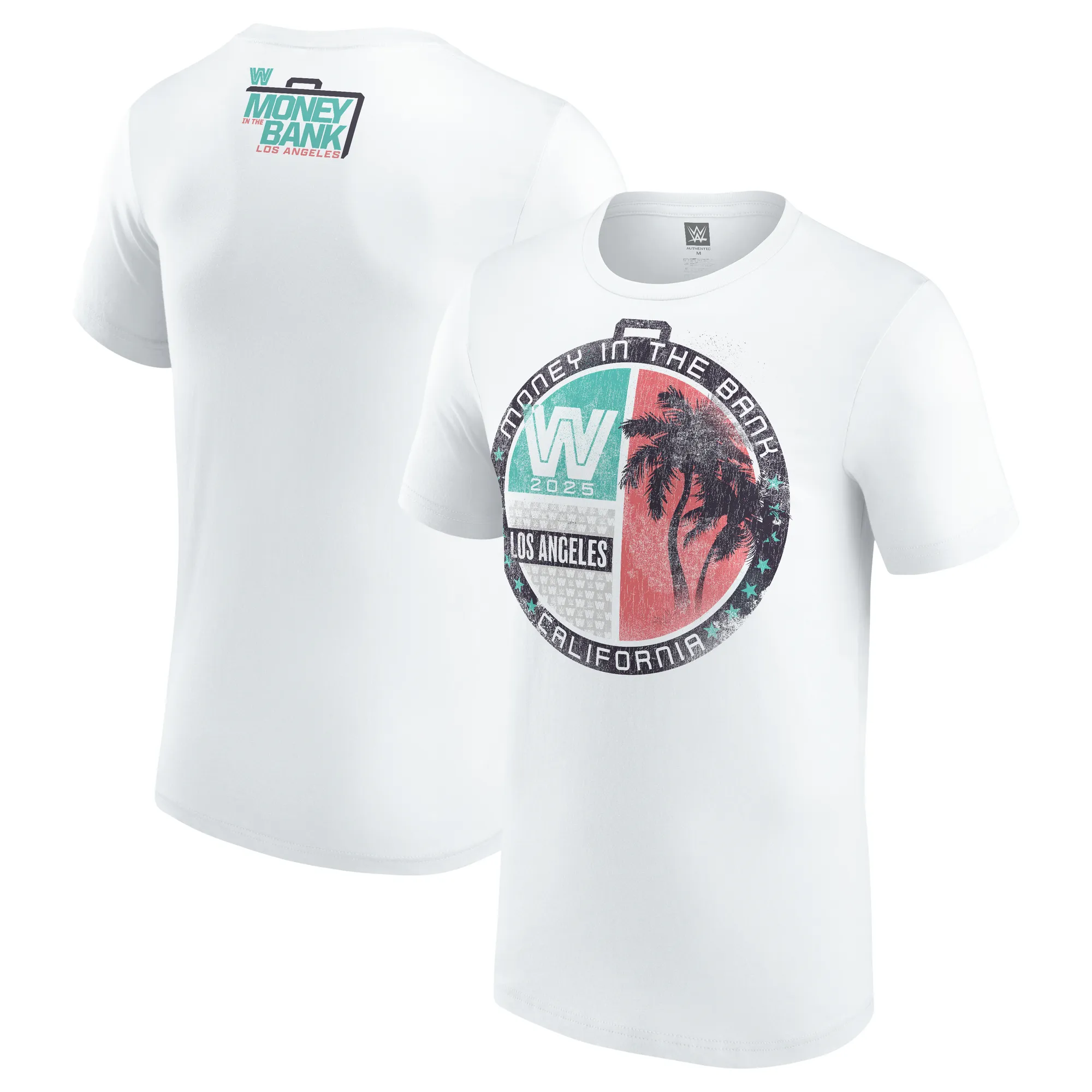 Men's White Money in the Bank 2025 LA Palm Tree T-Shirt sold by WWE