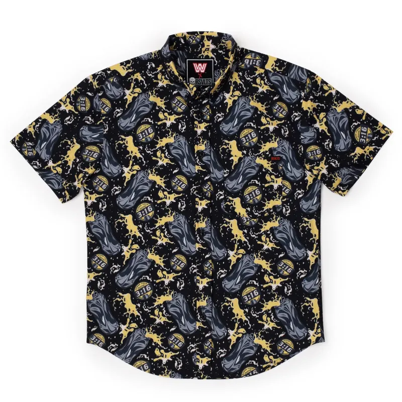 Men's RSVLTS Black "Stone Cold" Steve Austin Can of Whoopass KUNUFLEX Button-Down Short Sleeve Shirt sold by WWE
