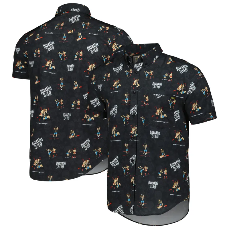 Men's RSVLTS Black "Stone Cold" Steve Austin KUNUFLEX Button-Down Short Sleeve Shirt sold by WWE