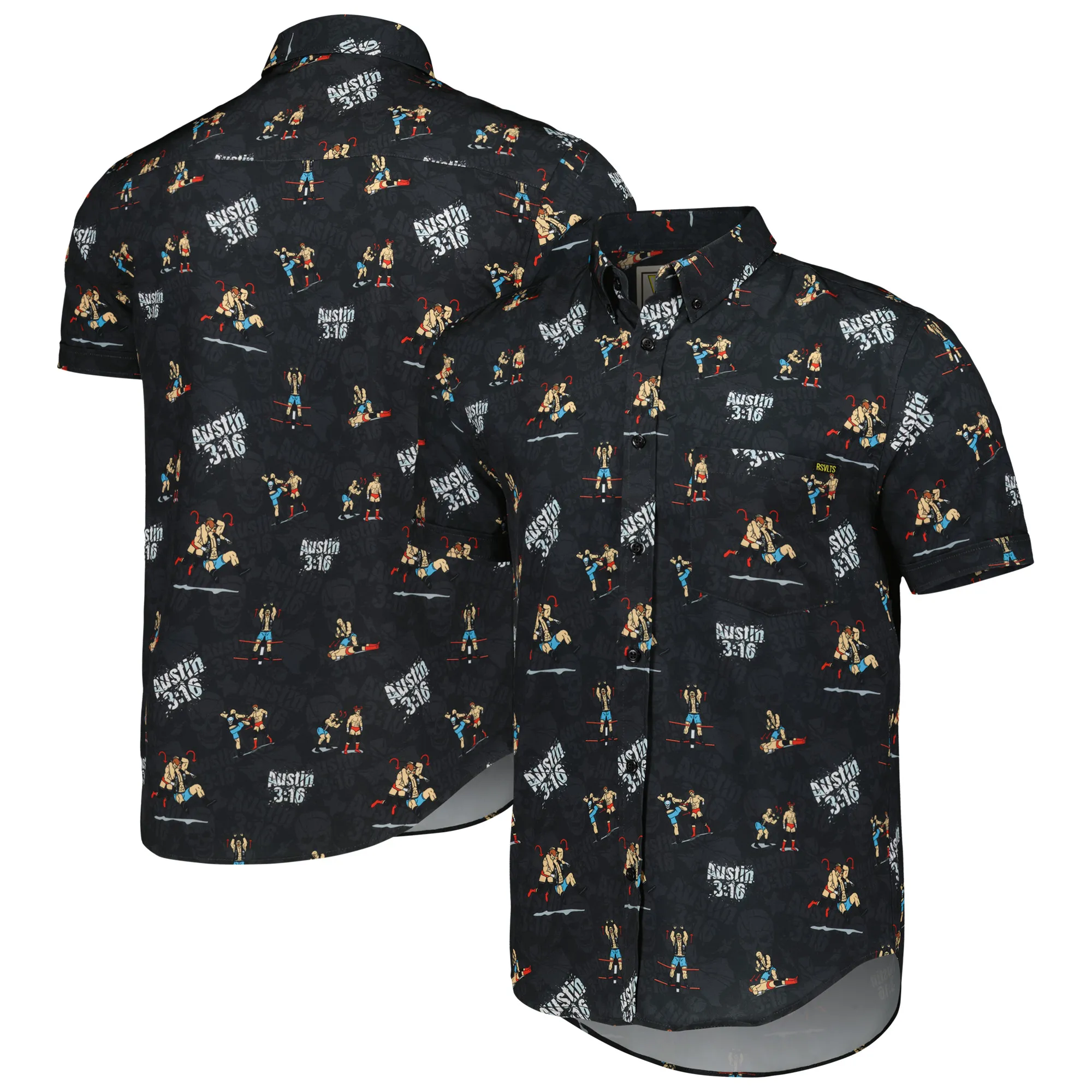 Men's RSVLTS Black "Stone Cold" Steve Austin KUNUFLEX Button-Down Short Sleeve Shirt sold by WWE