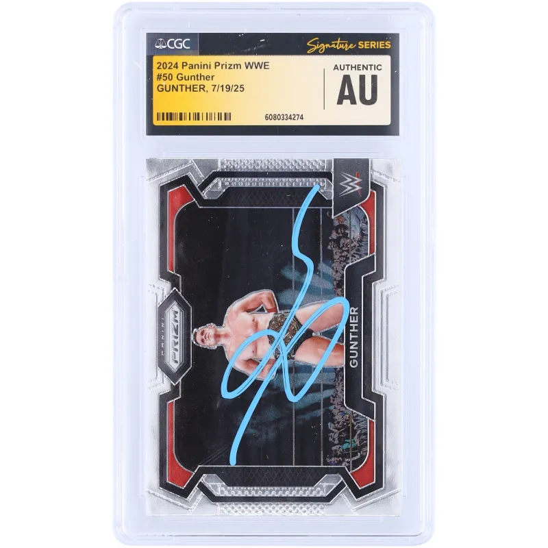 Gunther WWE Autographed 2024 Panini Prizm Light Blue Ink #50 CGC Fanatics Witnessed Authenticated Card sold by WWE