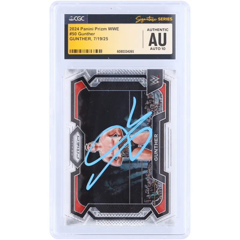 Gunther WWE Autographed 2024 Panini Prizm Light Blue Ink #50 CGC Fanatics Witnessed Authenticated 10 Card sold by WWE