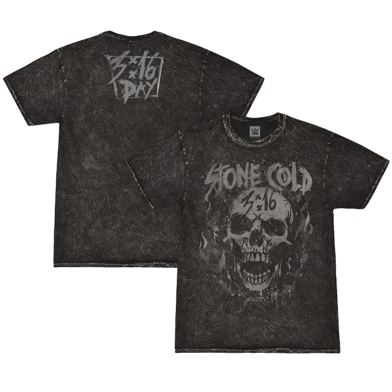Men's Black "Stone Cold" Steve Austin Skull Mineral Wash T-Shirt sold by WWE