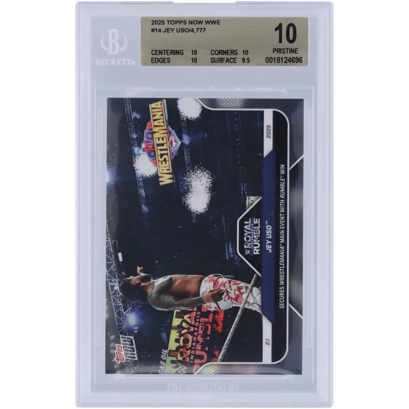 Jey Uso WWE 2025 Topps Now Secures WrestleMania Main Event With Rumble Win #14 BGS Authenticated 10 Card - 10,10,10,9.5 Subgrades sold by WWE