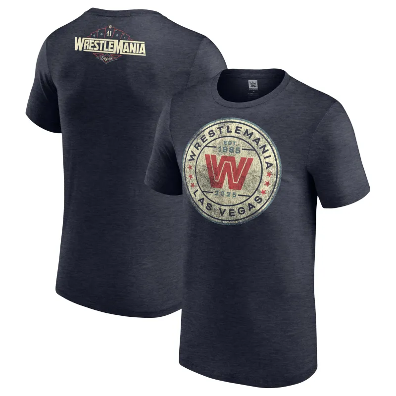 Men's Heather Navy WrestleMania 41 Old School Circle T-Shirt sold by WWE