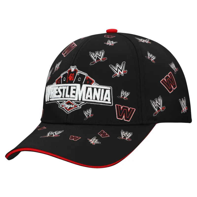 Men's Black WrestleMania All-Over Logo's Adjustable Baseball Hat made by WWE