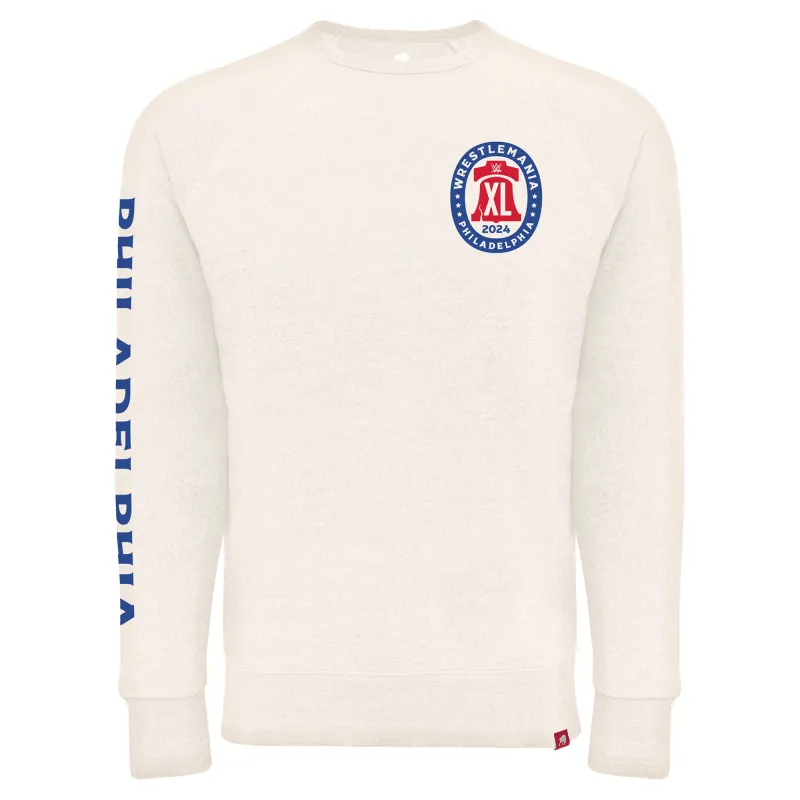 Men's Sportiqe White Wrestlemania 40 Philadelphia Tri-Blend Pullover Sweatshirt sold by WWE