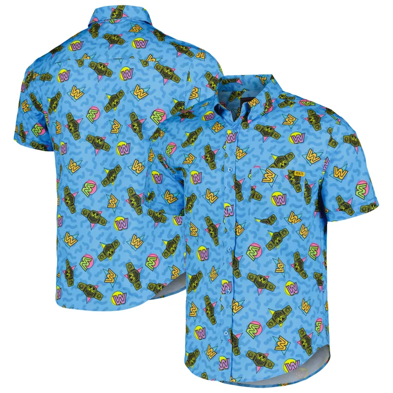 Men's RSVLTS Blue WrestleMania KUNUFLEX 90s Design Button-Down Short Sleeve Shirt sold by WWE