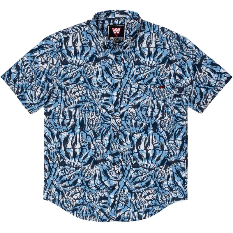 Men's RSVLTS Black "Stone Cold" Steve Austin Stone Cold Salute KUNUFLEX Button-Down Short Sleeve Shirt sold by WWE