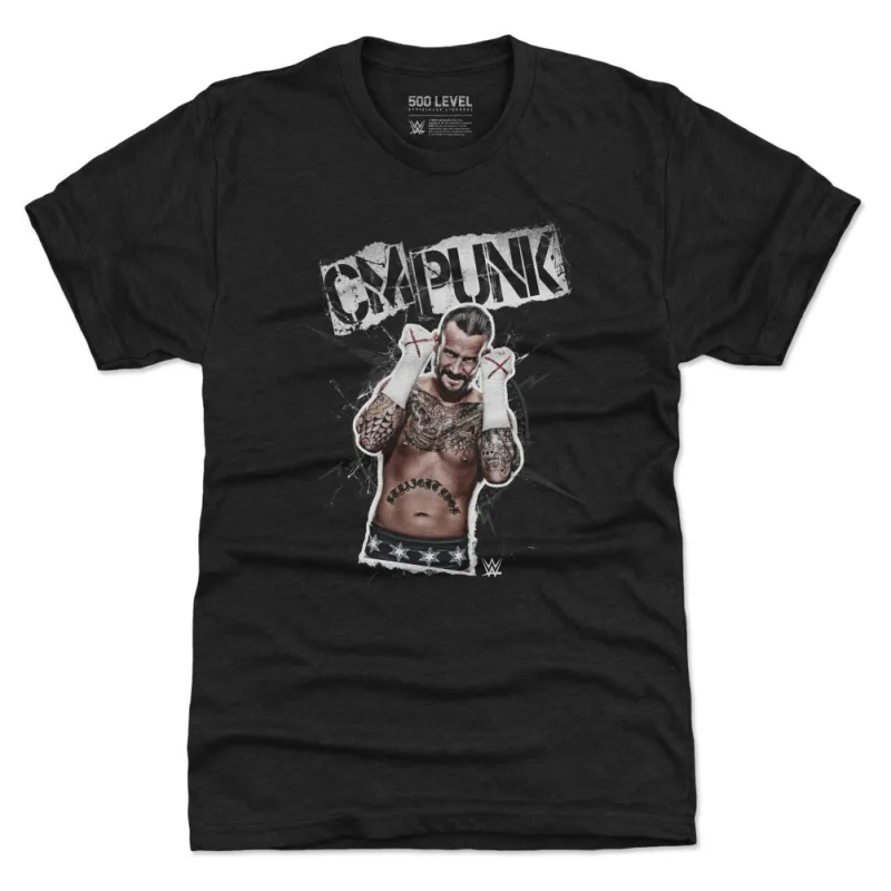 Men's 500 Level Heather Black CM Punk Grunge Tri-Blend T-Shirt sold by WWE