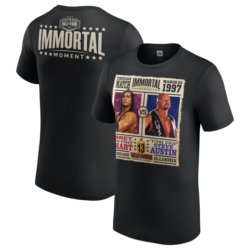 Men's Black Bret Hart vs. "Stone Cold" Steve Austin WWE Hall Of Fame 2025 Immortal Moment T-Shirt sold by WWE