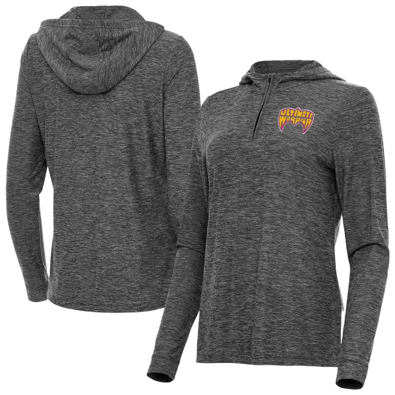 Women's Antigua Heather Black The Ultimate Warrior Daybreak Quarter-Zip Hoodie sold by WWE