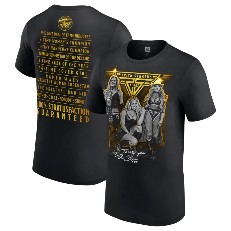 Men's Black Trish Stratus 25 Years Accolades T-Shirt sold by WWE