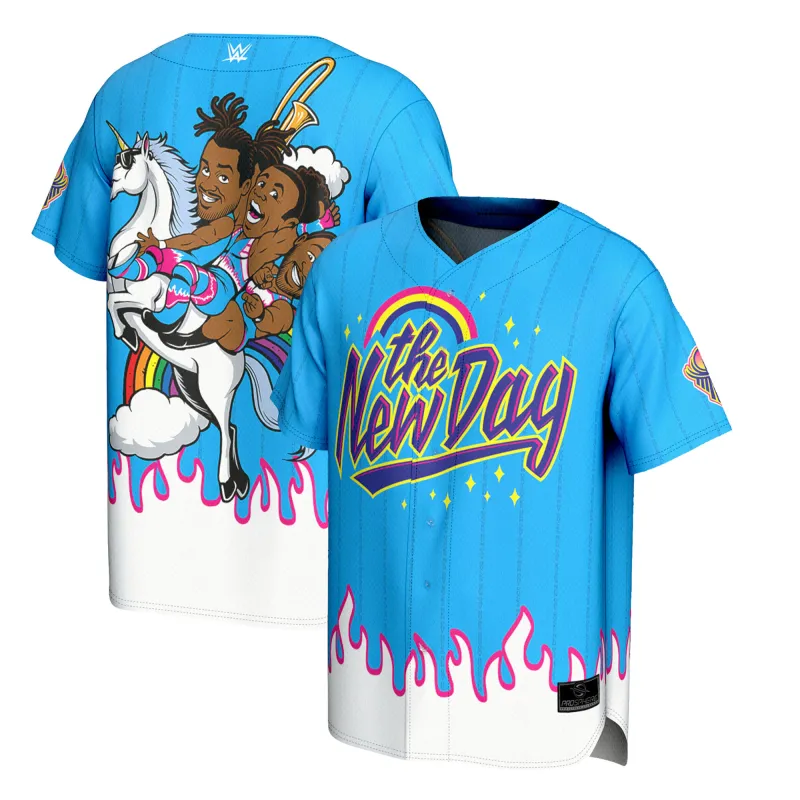 Men's ProSphere Blue The New Day Rainbow Unicorn Baseball Fashion Jersey sold by WWE