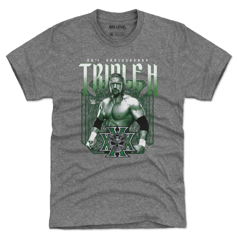 Men's 500 Level Heather Gray Triple H 30th Anniversary Tri-Blend T-Shirt sold by WWE