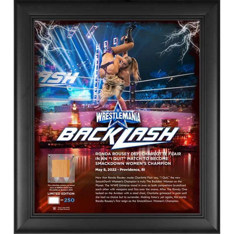 Ronda Rousey WWE Framed 15'' x 17'' 2022 WrestleMania Backlash Core Frame with a Piece of Match-Used Kendo Stick - Limited Edition of 250 sold by WWE