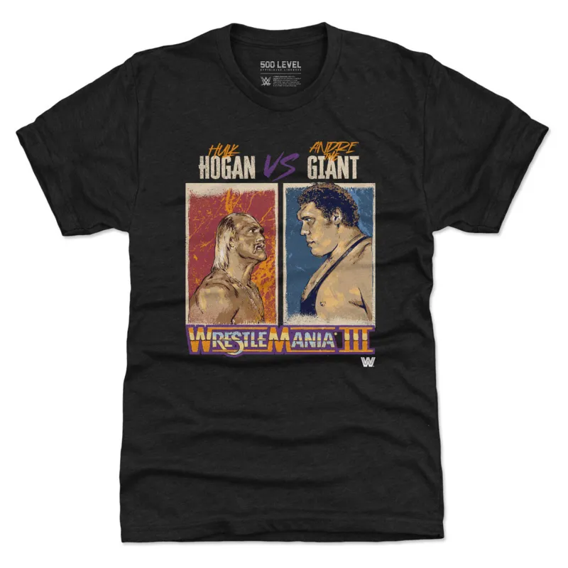 Men's 500 Level  Heather Black WrestleMania Hulk Hogan Vs. Andre The Giant Premium Tri-Blend T-Shirt sold by WWE