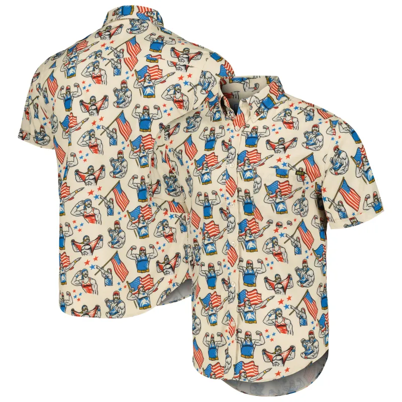 Men's RSVLTS Tan Hulk Hogan WrestleMania Series 3 KUNUFLEX Button-Down Short Sleeve Shirt sold by WWE