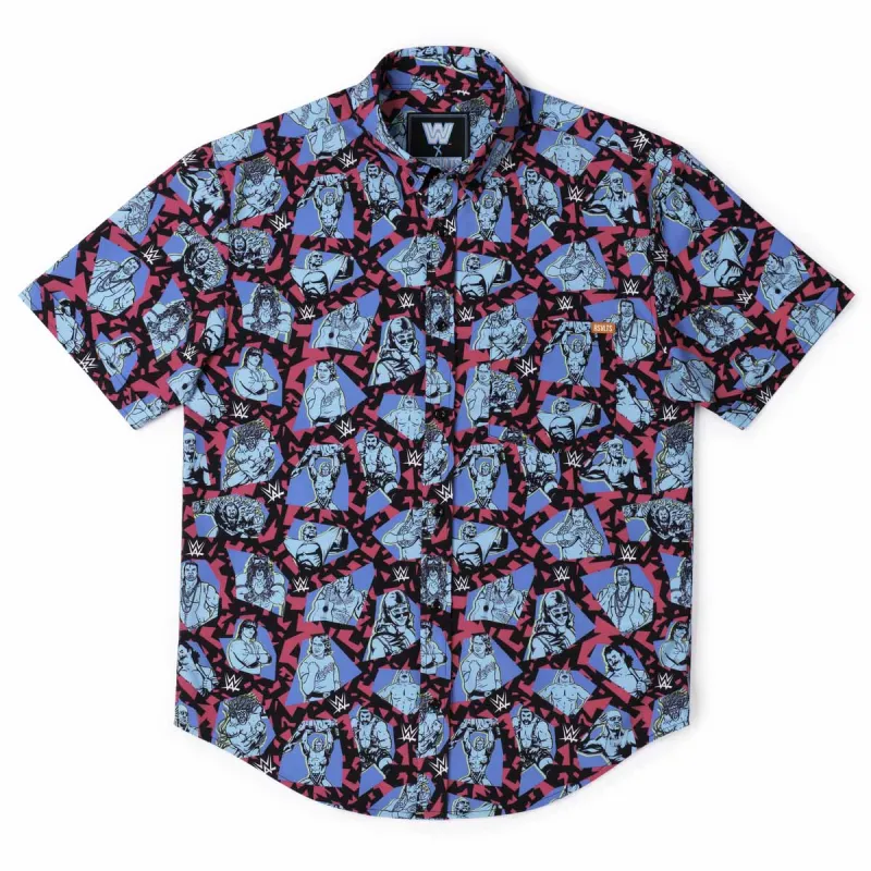 Men's RSVLTS Blue WWE 90's Style KUNUFLEX Button-Down Short Sleeve Shirt sold by WWE