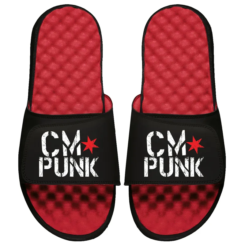 Unisex ISlide Black CM Punk Stacked Logo Slide Sandals sold by WWE