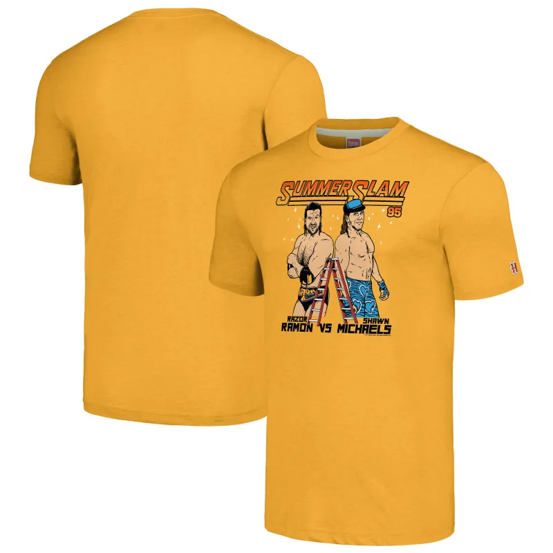 Men's Homage Heather Gold SummerSlam 1995 Razor Ramon vs. Shawn Michaels Tri-Blend T-Shirt sold by WWE