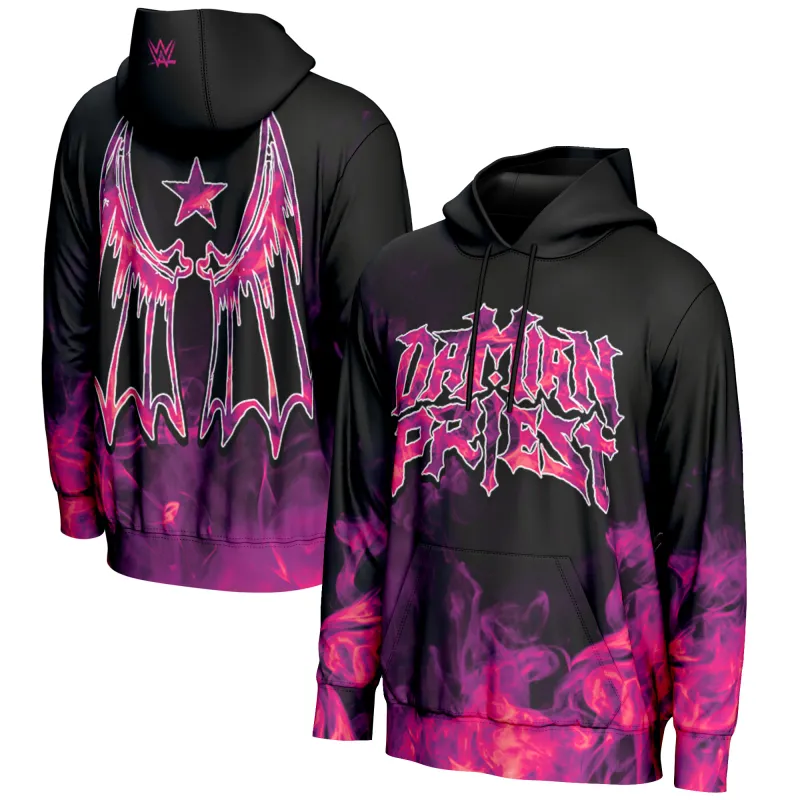 Men's ProSphere Black Damian Priest Purple Flames Pullover Hoodie sold by WWE