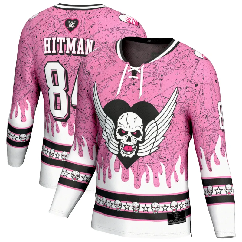 Men's ProSphere Pink Bret Hart Hitman Hockey Jersey sold by WWE