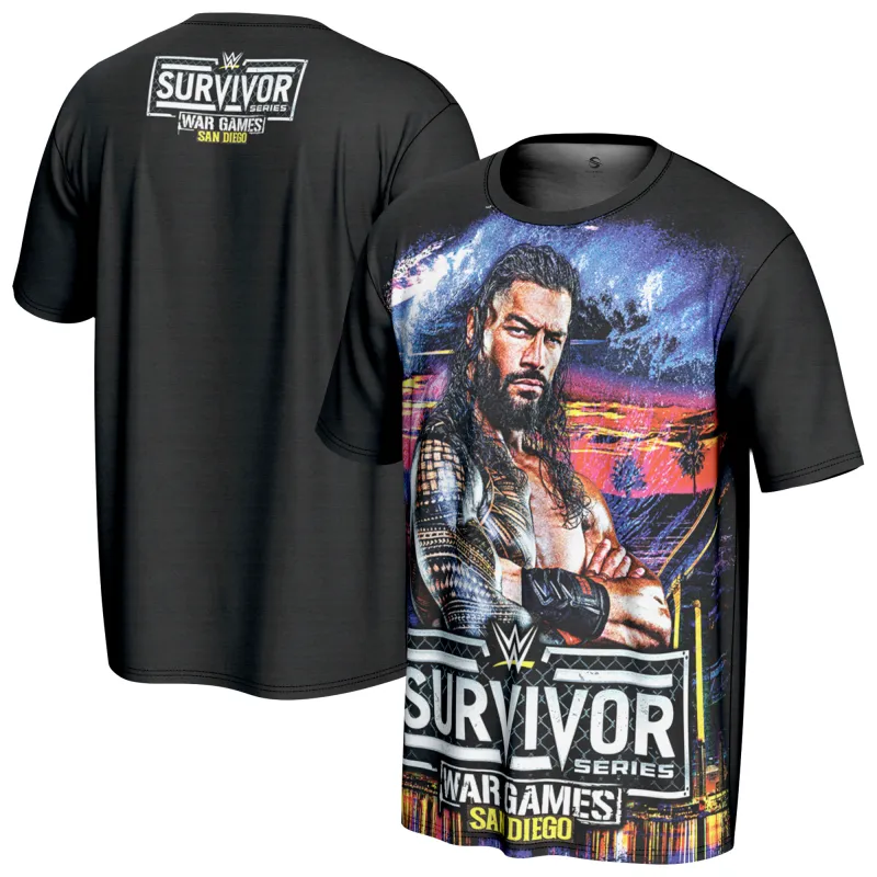 Men's ProSphere Black Roman Reigns Survivor Series 2025 T-Shirt sold by WWE